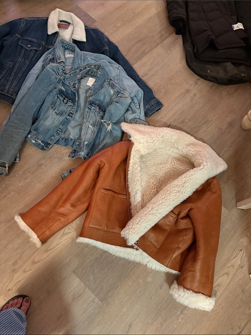 Zara Tan Leather Bomber Jacket with Cream Shearling